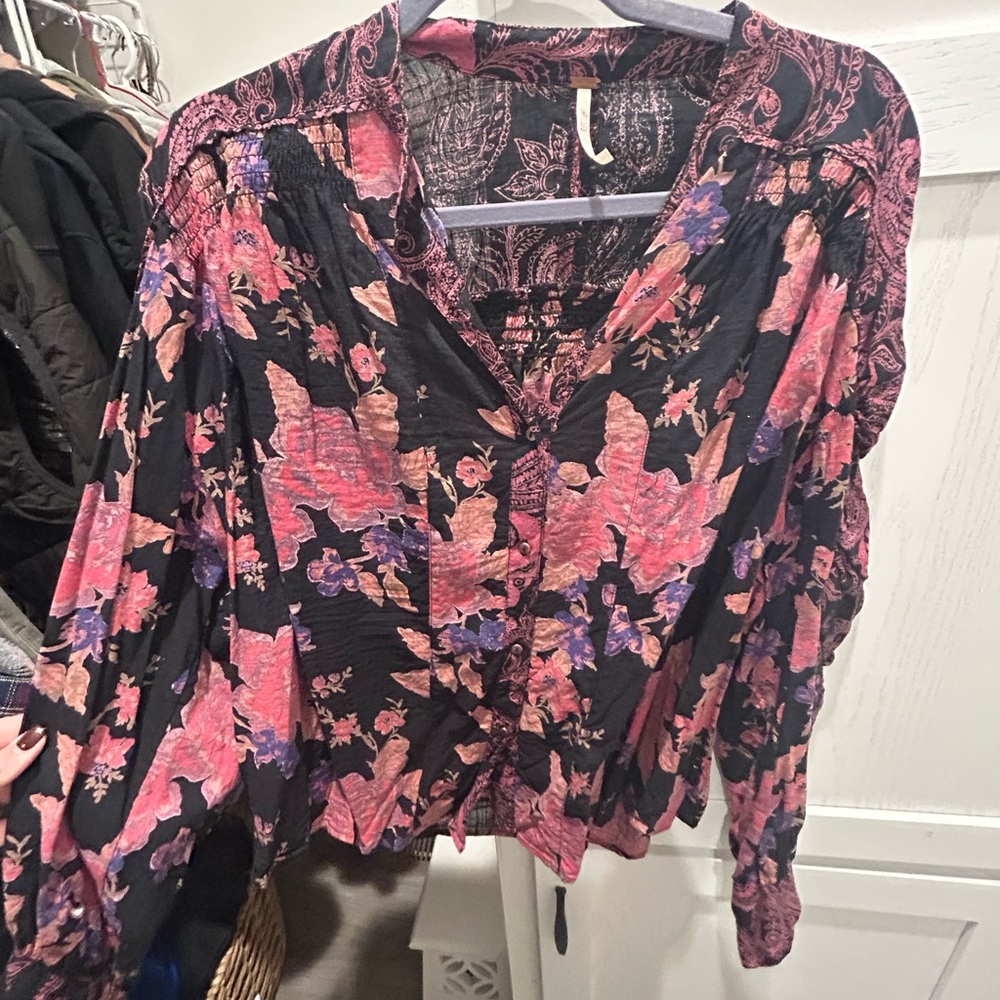 Free People Black and Pink Floral Blouse